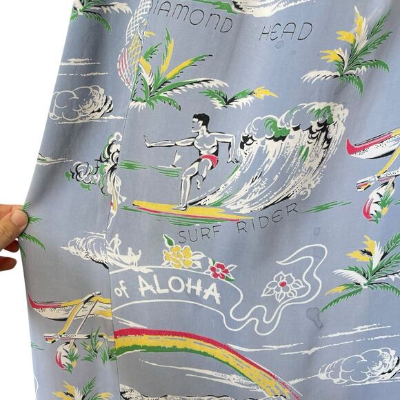 Vintage 1940’s/50’s Surf/ Fishing Print Hawaiian Muu-Muu Dress, Small - Picture 2 of 12